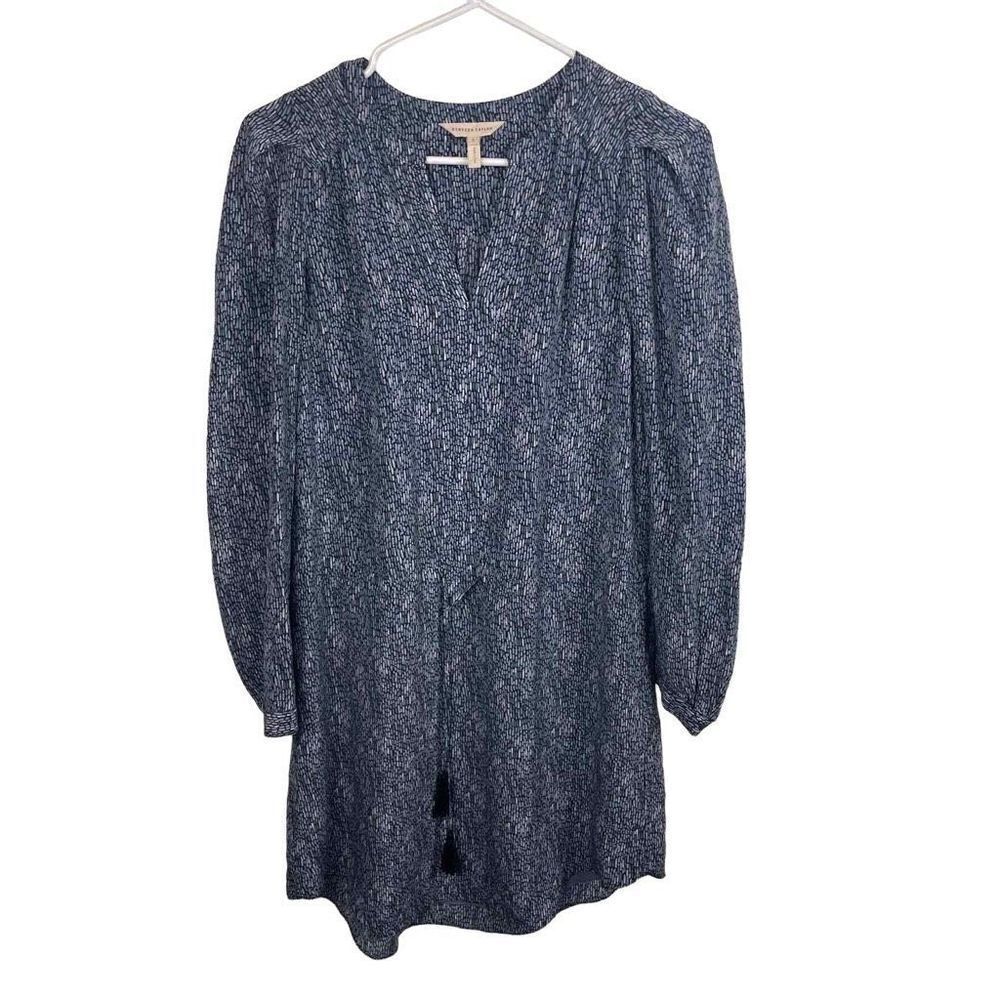 Rebecca Taylor Blue Long Sleeve Patterned Tassel Dress Shell 100% Silk Size 2